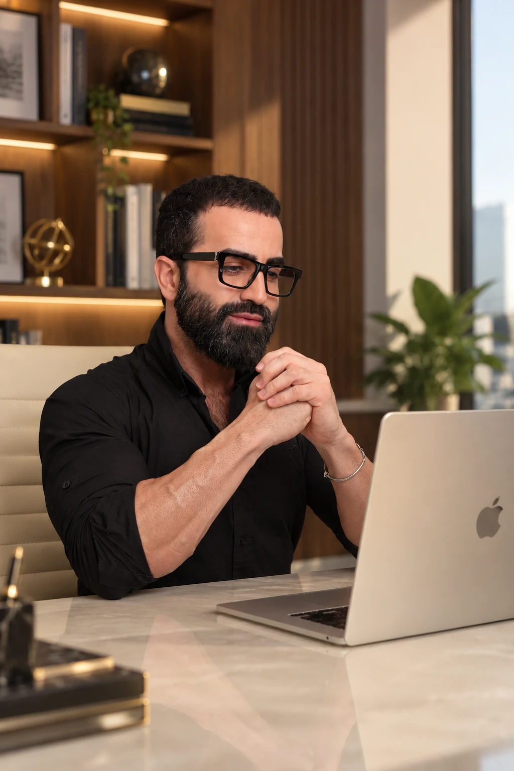 Flávio Machádo em seu escritório, diante do notebook